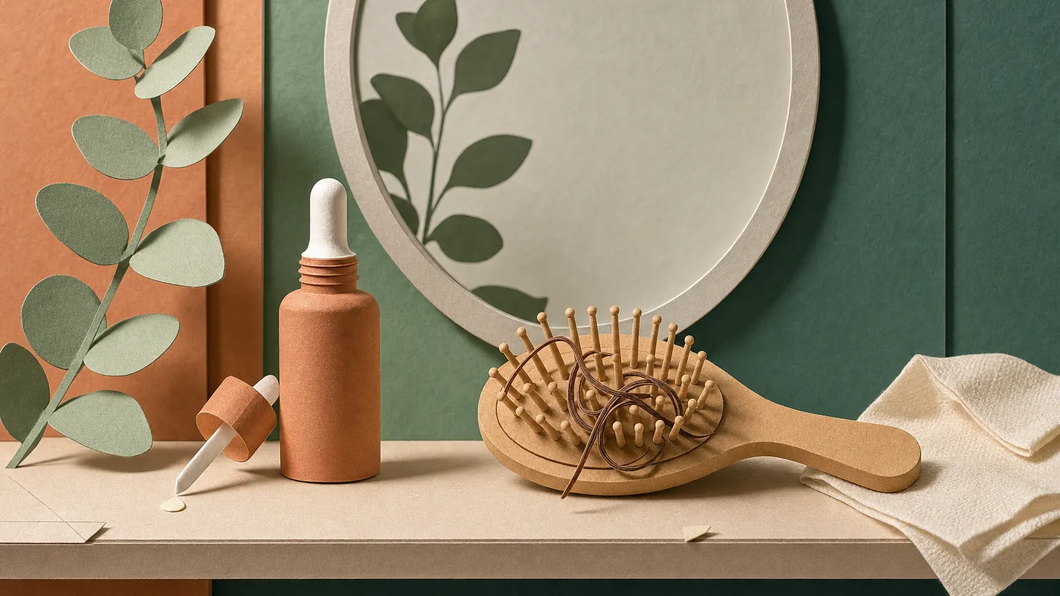 Paper-cut collage of a copper dropper bottle, a hairbrush with strands, a mirror and eucalyptus.