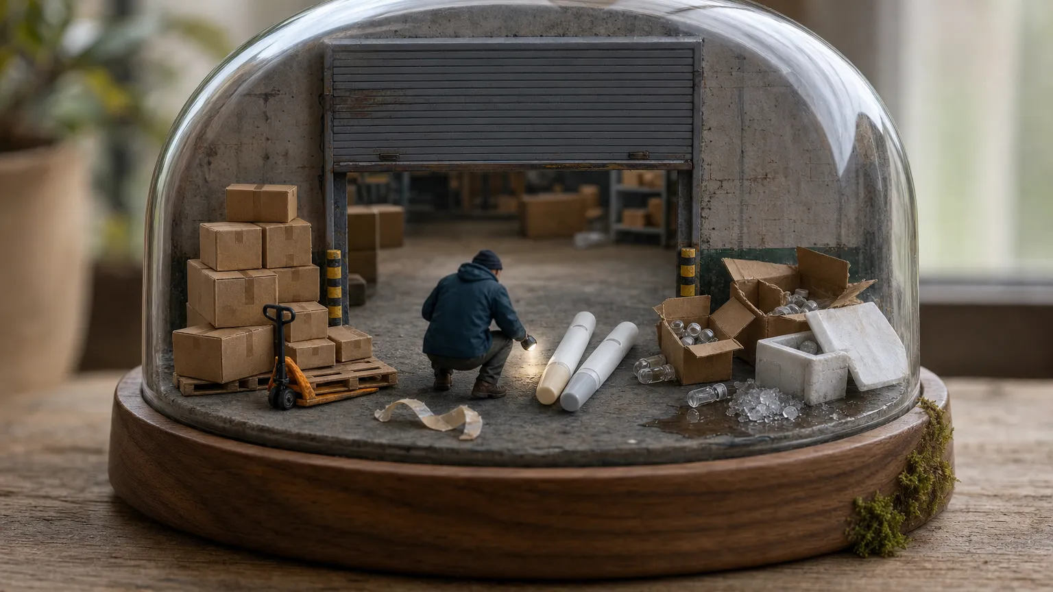 Miniature diorama under a glass cloche of a tiny figure inspecting two pens beside torn boxes.