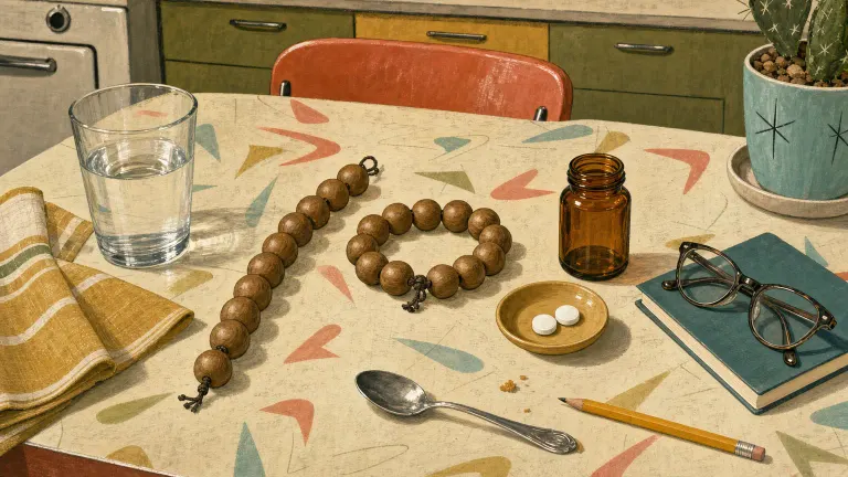 Mid-century illustration of an open bead string beside a closed bead ring, a pill bottle and tablets.