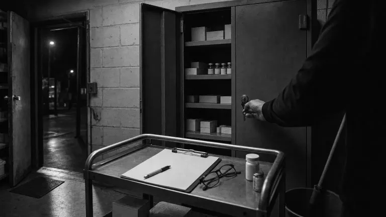 Black-and-white photo of a hand locking a steel pharmacy cabinet with unlabeled vials under harsh light.