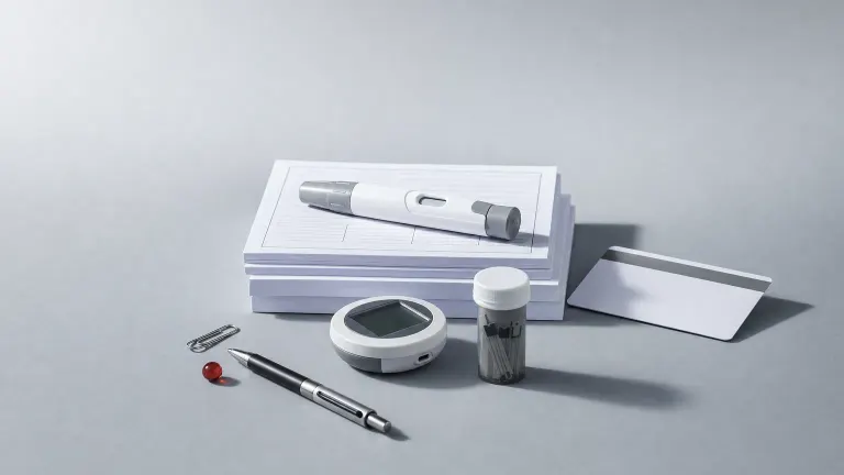 Capped pen on a stack of blank forms with a blank card, glucose meter, strips vial and paper clip on grey paper