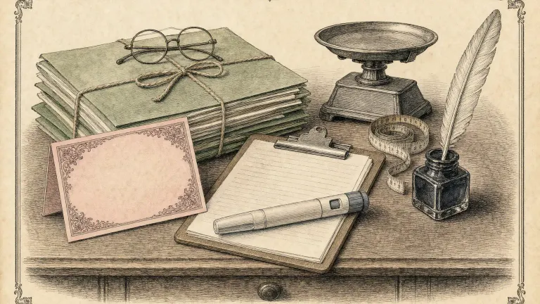 Engraving of insurance folders, a blank card, a capped pen on a clipboard, a tape measure and spectacles