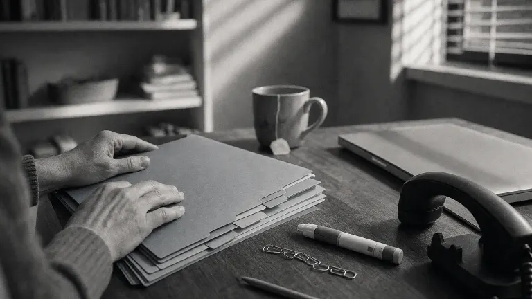 Hands resting on fanned blue folders beside a capped injection pen and telephone on a desk.