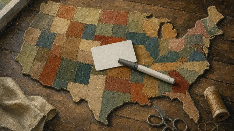 Oil painting of a patchwork quilt shaped like the United States with a blank insurance card and a pen