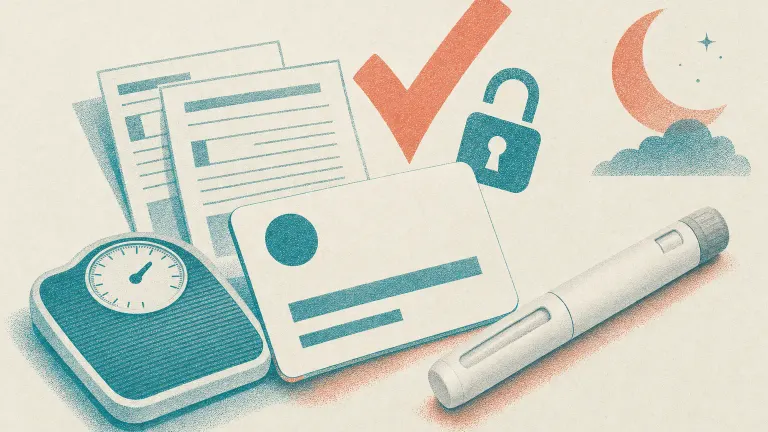 Illustration of a blank insurance card, capped pen, checkmark, forms, scale and crescent moon in teal and coral ink