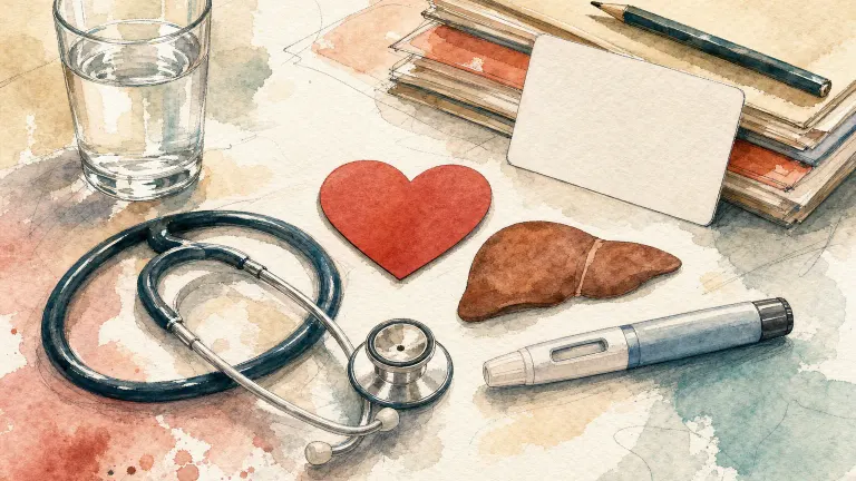 Watercolor of a pen beside a stethoscope, a paper heart, a liver shape and a blank insurance card