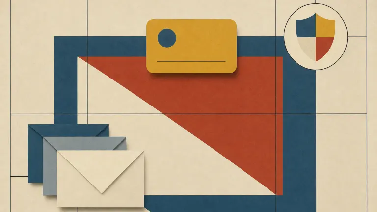 Geometric poster with a split red and cream rectangle, a blank card shape, stacked envelopes and a shield circle.