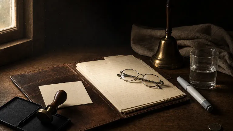 Dark counter with a leather folder, blank forms, a rubber stamp, a capped injection pen and glasses in window light.