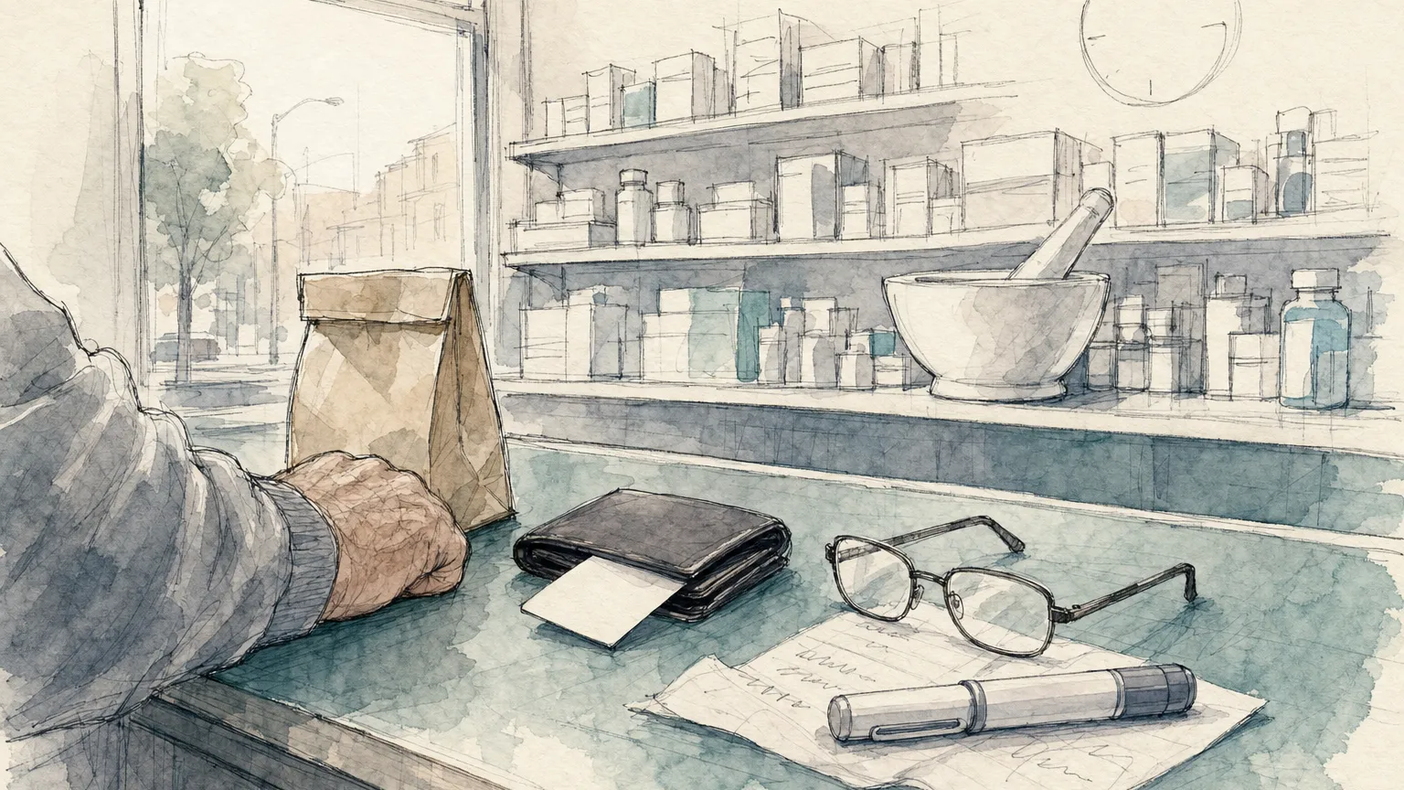 Sketch of a pharmacy counter with an arm, reading glasses, a blank card, a paper bag and a capped injection pen.