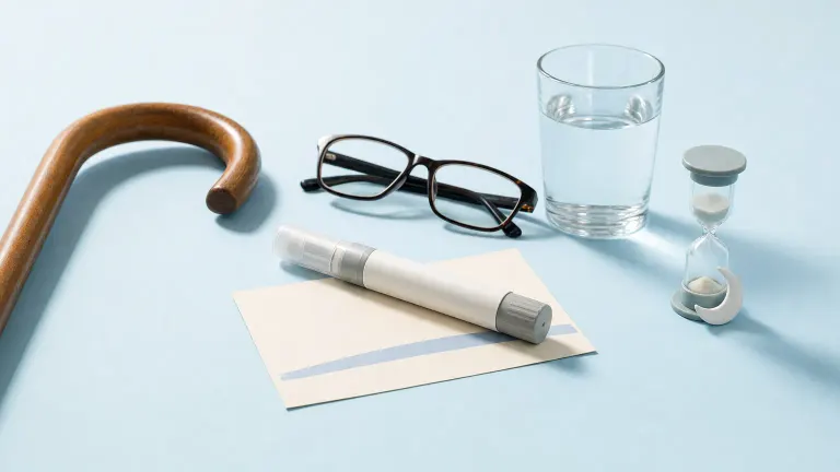Capped pen on a blank cream card with reading glasses, a water glass, a sand timer and a cane handle