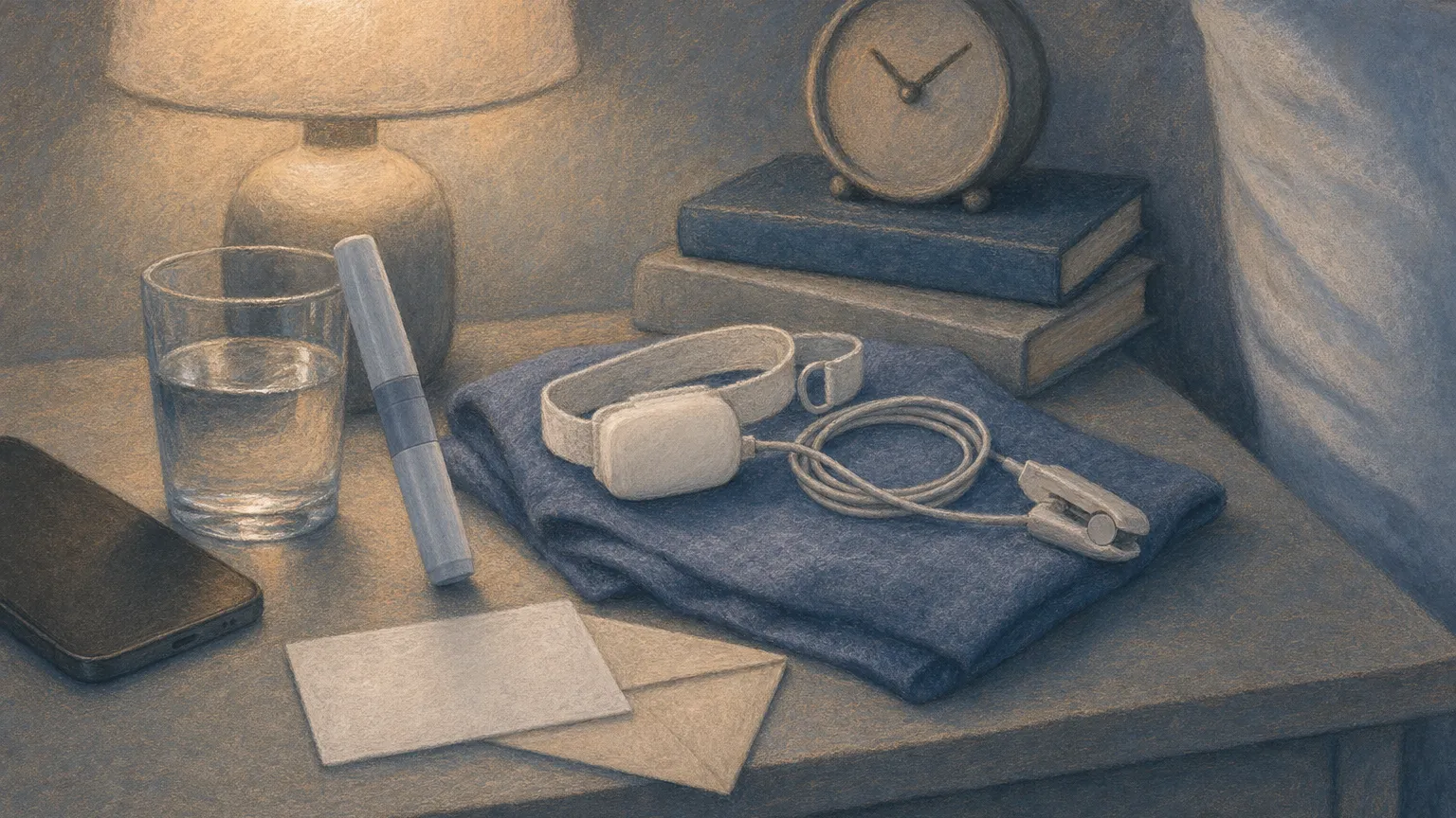 A home sleep test kit on a nightstand beside a blank insurance card and a capped pen.