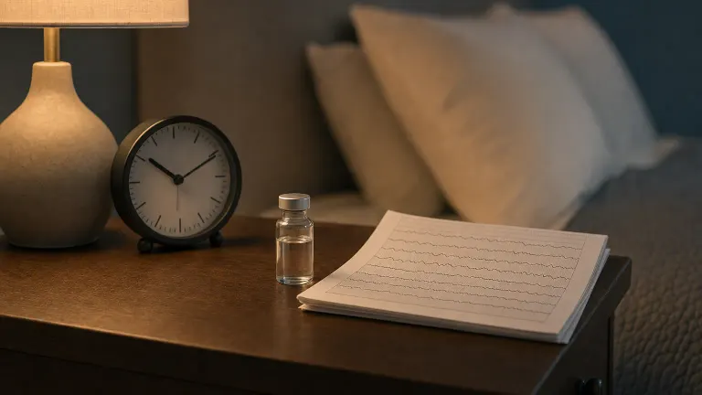 A bedside table at night with a small glass vial, a clock and a sleep chart with wavy lines.