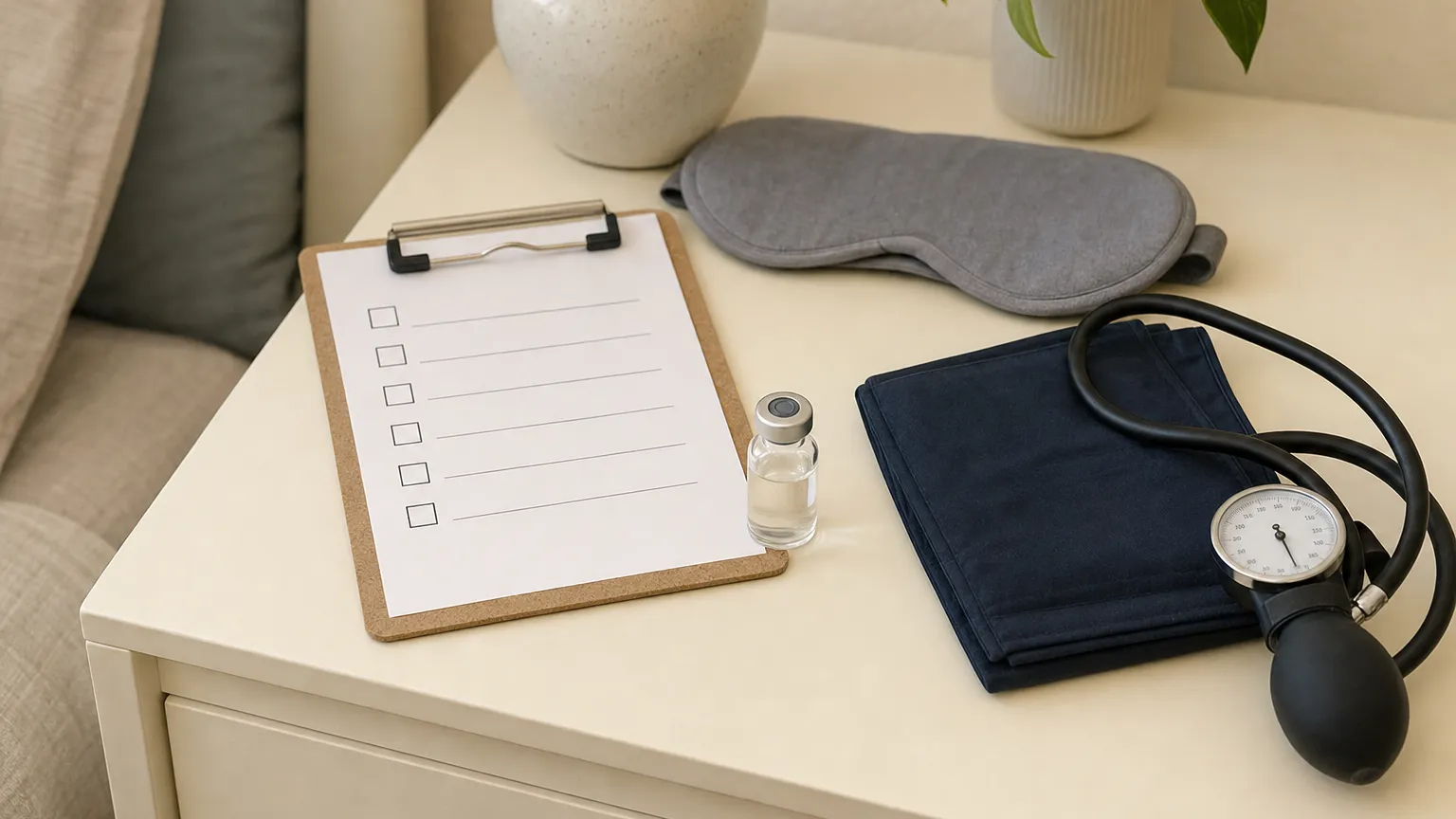A clipboard checklist beside a small vial, a blood pressure cuff and a sleep mask on a nightstand.