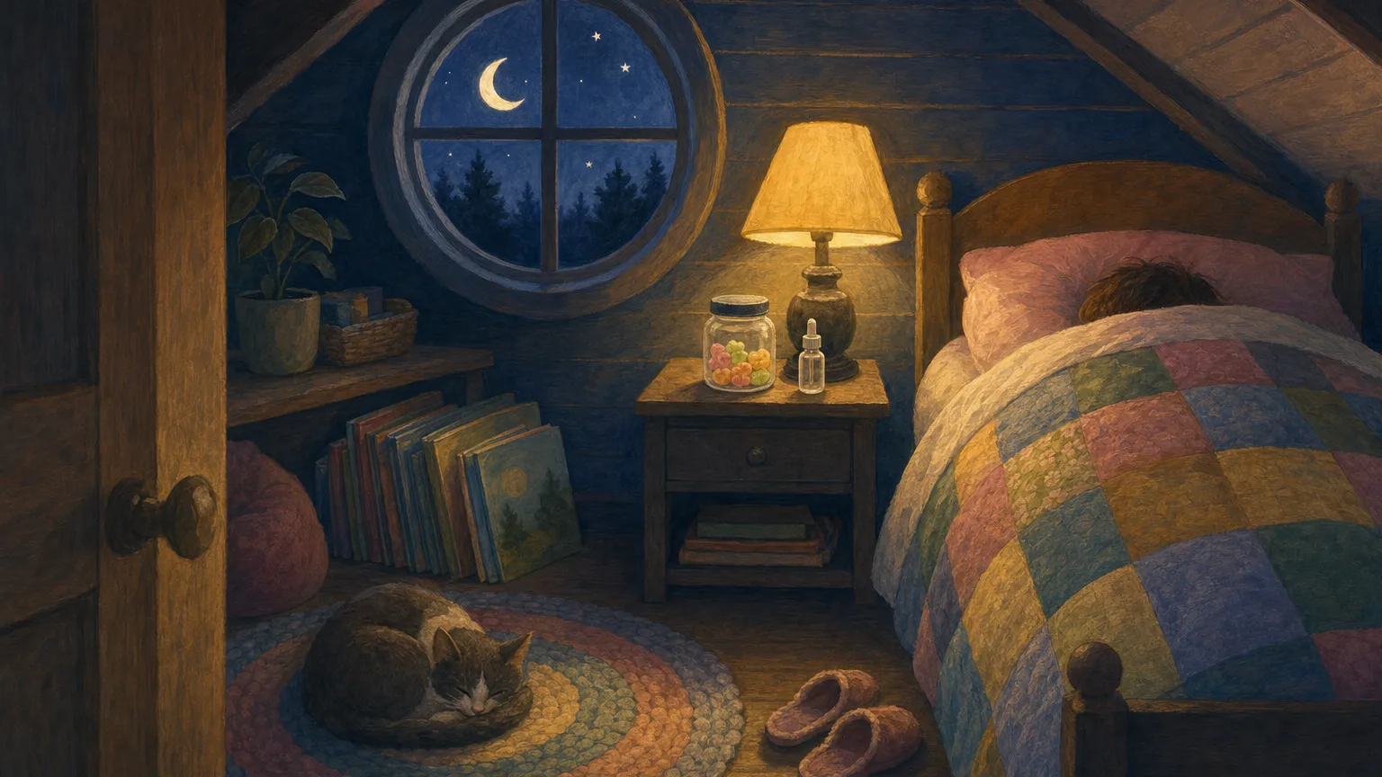Gouache illustration of a cozy bedroom at night with a gummy jar and small vial on the bedside table.