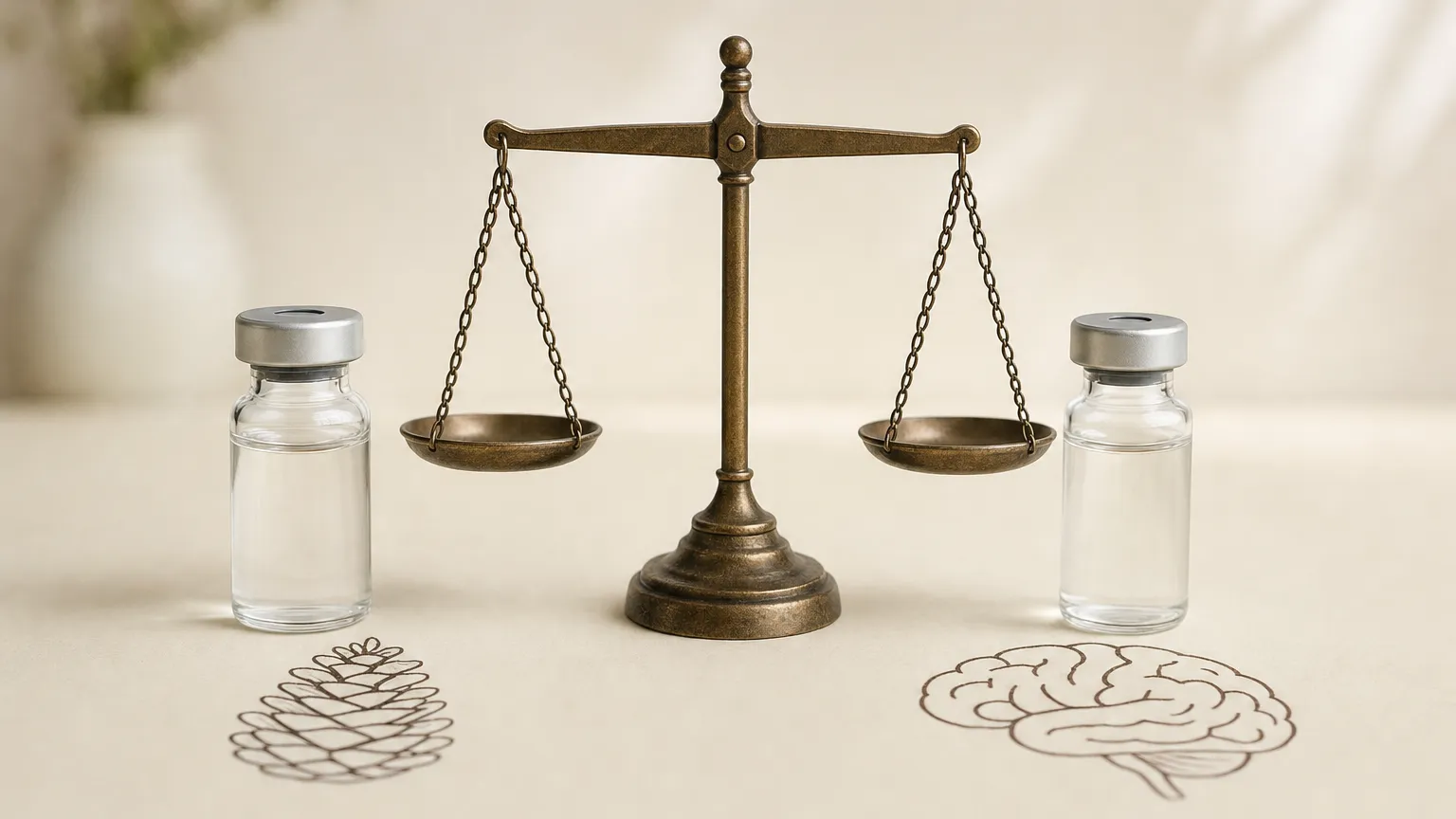 Two small vials beside a pine cone shape and a brain outline, with a balance scale between them.