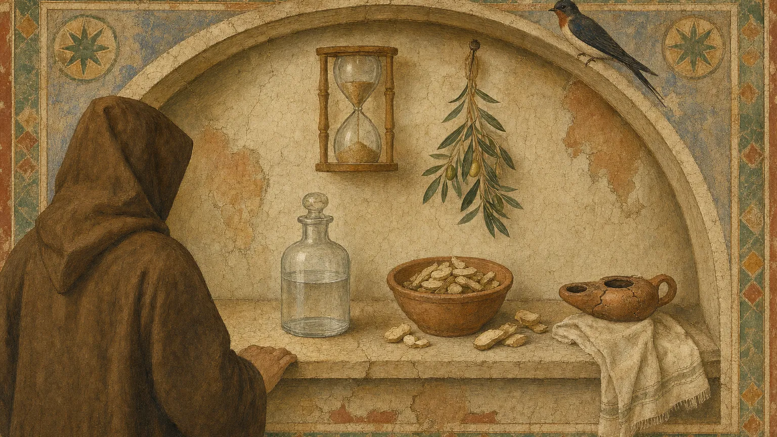 Fresco-style painting of a vial and a bowl of dried root slices on a stone ledge beneath an hourglass.