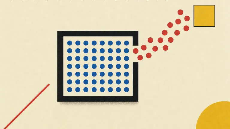 Geometric poster of red circles leaving a black frame and stopping short of an empty yellow square.
