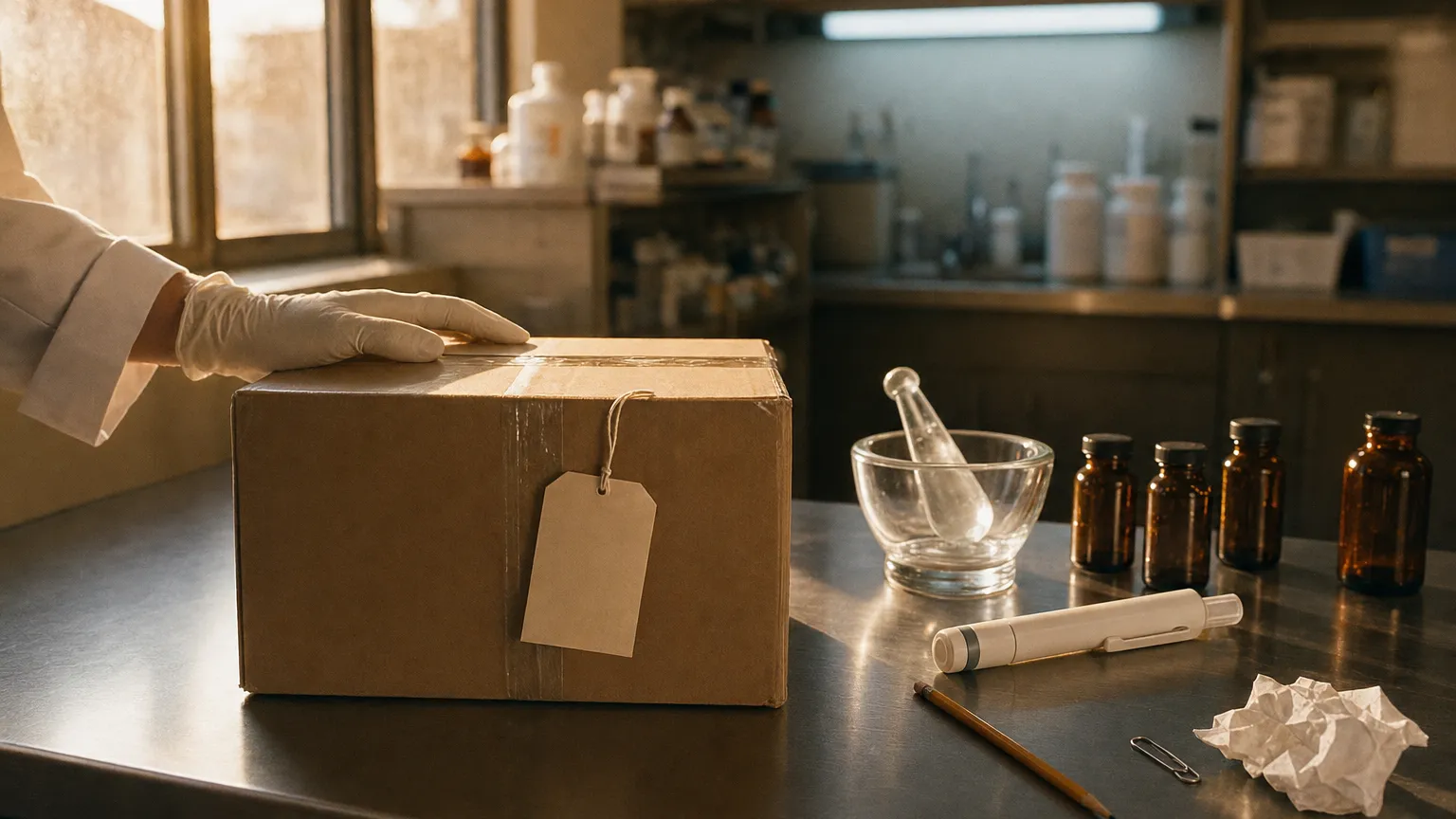Sealed shipping box with a blank hold tag on a pharmacy counter beside a mortar, vials and a pen.