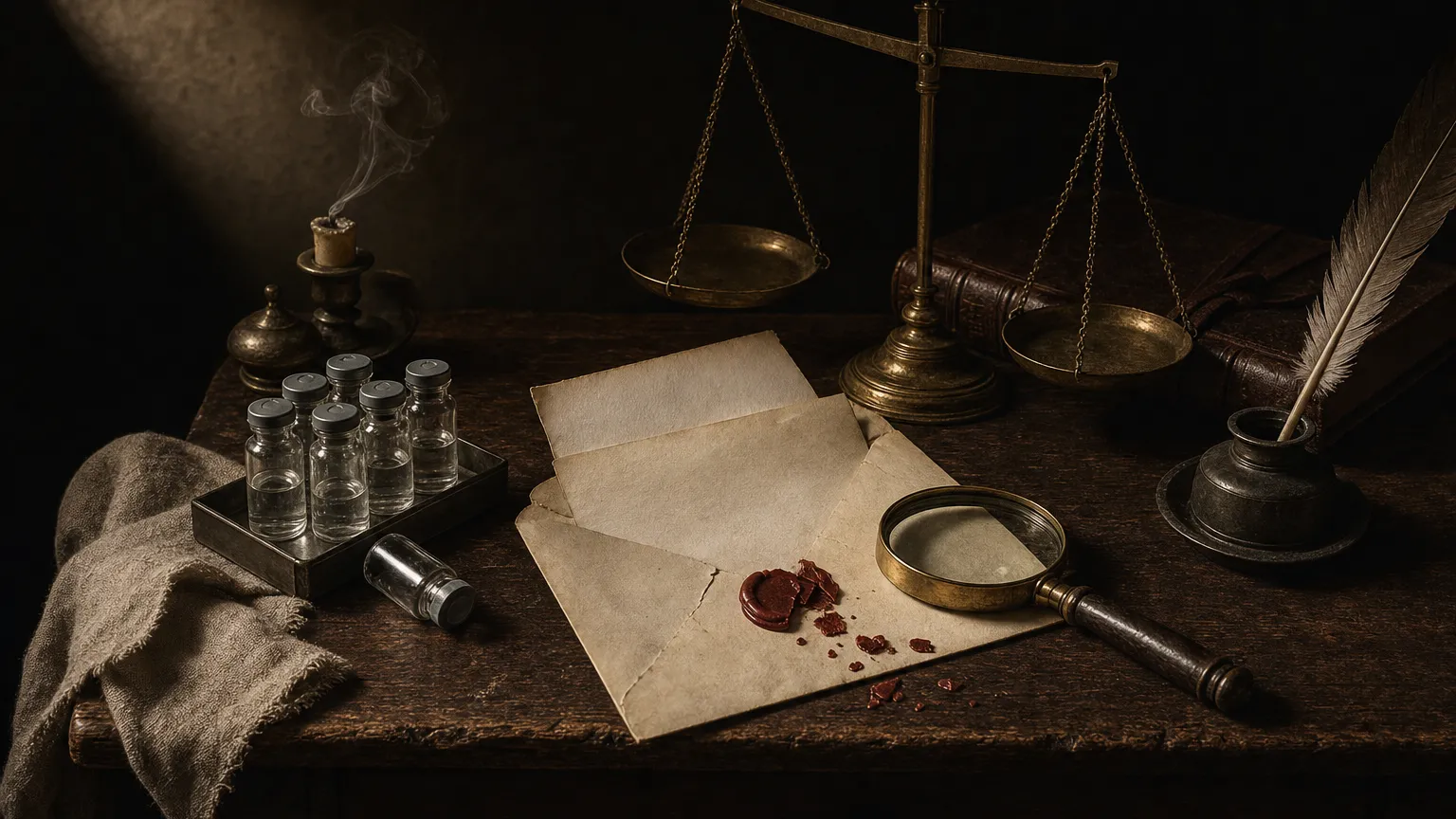 Dark still life of an opened sealed letter beside small glass vials, a brass scale and a quill.