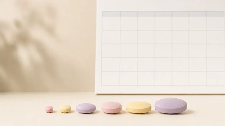 Six tablets in pink, yellow and purple lined up by size beside a monthly calendar.