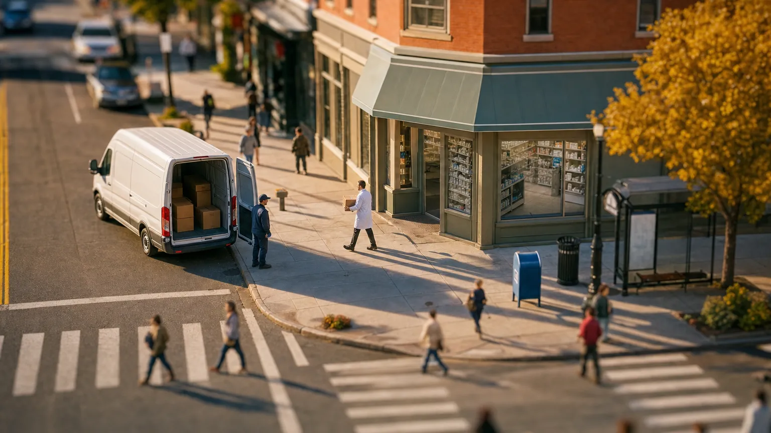 High-angle miniature-style view of a neighborhood pharmacy storefront with a delivery van and tiny pedestrians