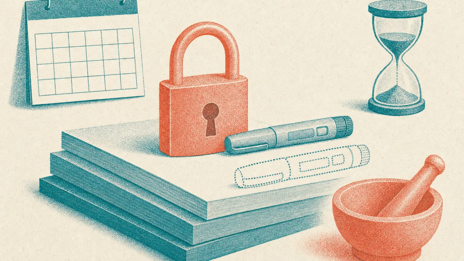 Illustration of a closed padlock on stacked papers beside a capped pen, a dotted outline copy and a mortar and pestle