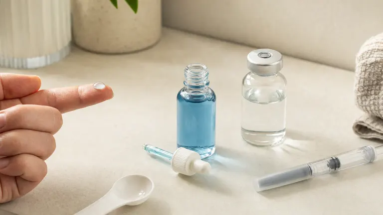 Blue serum dropper and fingertip drop beside a separate vial and capped syringe on a shelf.