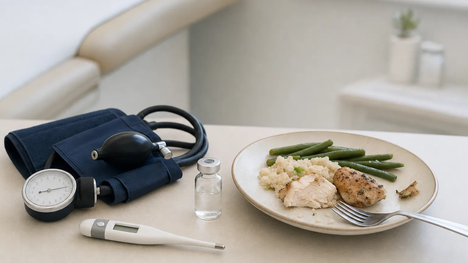 A thermometer, small vial, partly eaten meal and blood pressure cuff on a clinic table.