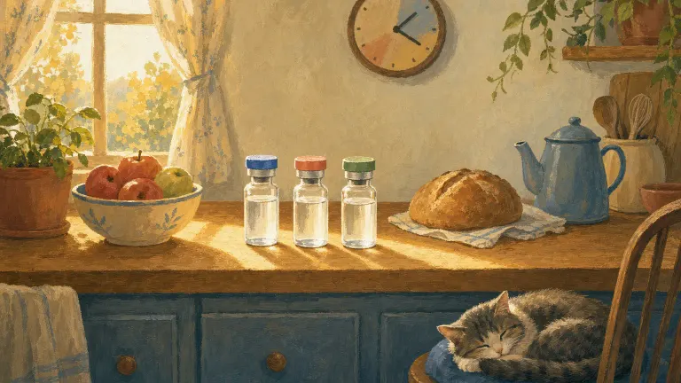 Gouache illustration of three vials with different colored caps on a kitchen counter beside bread, apples and a teapot.