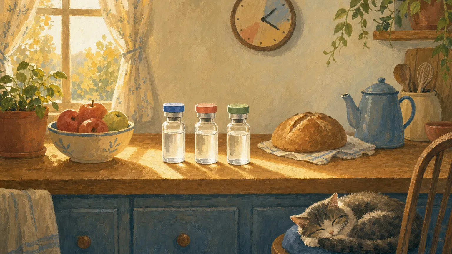 Gouache illustration of three vials with different colored caps on a kitchen counter beside bread, apples and a teapot.
