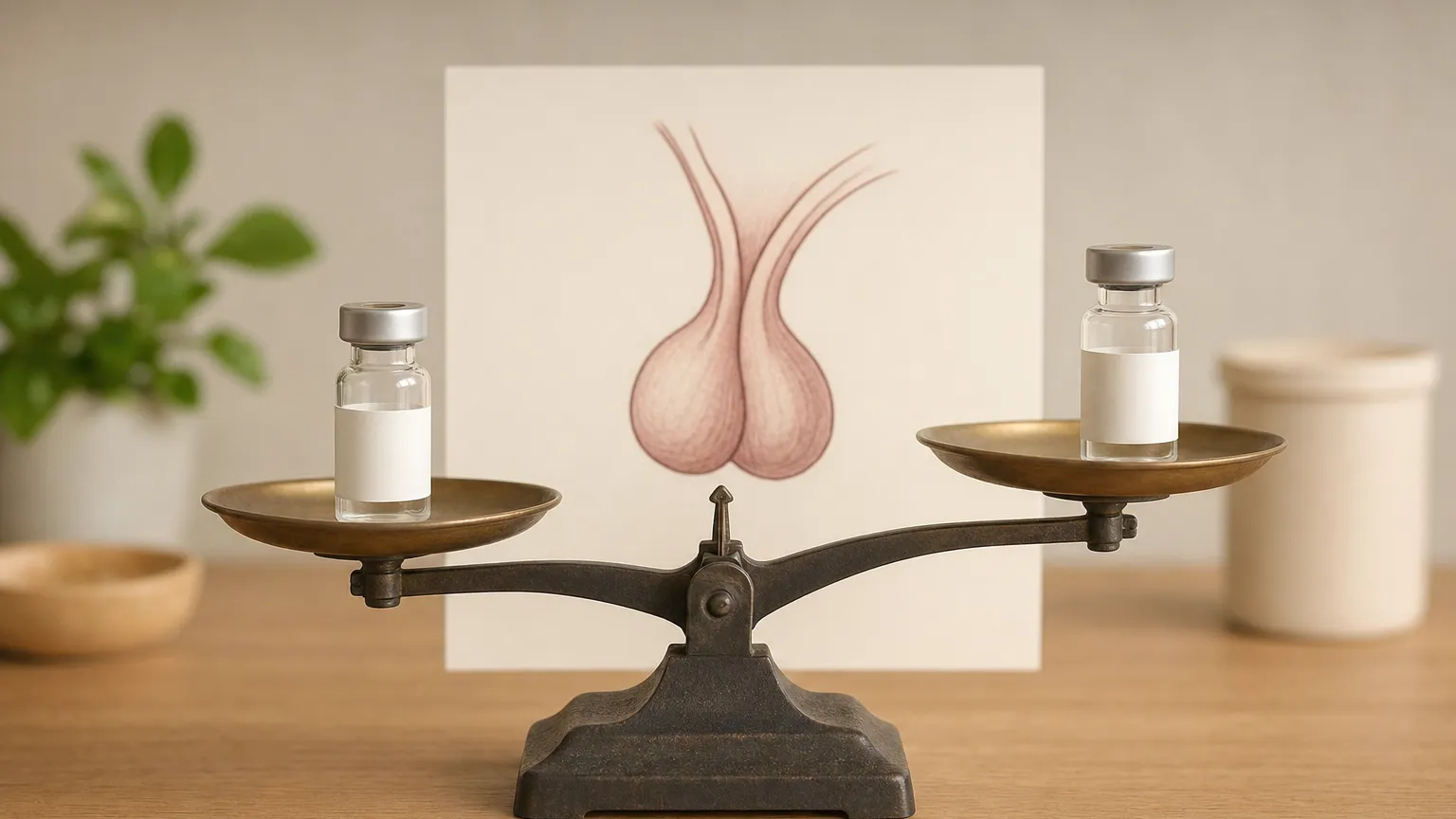 Two small vials on a balance scale in front of a simple drawing of the pituitary gland.
