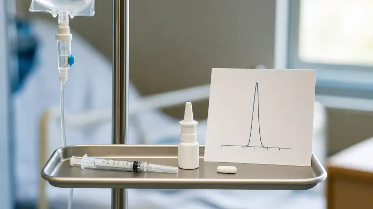 IV pole, syringe, nasal spray and a capsule in a row beside a chart with one tall spike.