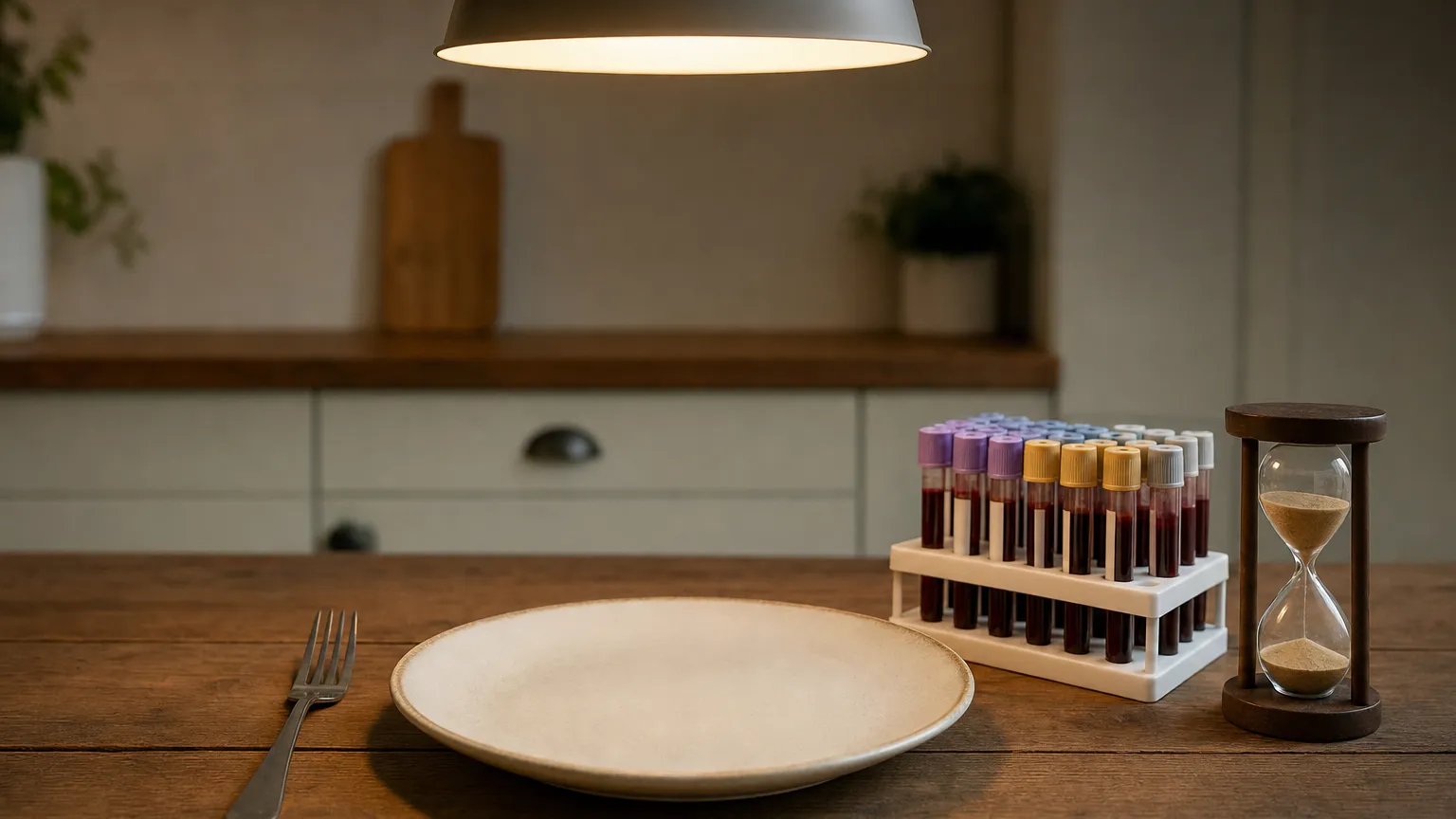 Empty dinner plate beside a blood test tube rack and a small hourglass on a table.