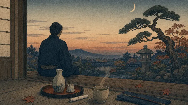 Woodblock-style print of a person from behind on a veranda with an upturned sake cup, tea and an unlit pipe.