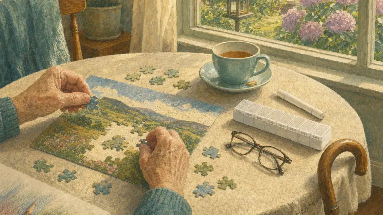 Gouache illustration of older hands sorting jigsaw puzzle pieces beside tea, glasses and a pill organizer.
