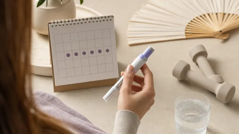 Hand holding an injection pen next to a weekly calendar, a paper fan, light dumbbells and water.