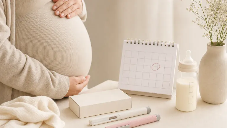 Pregnancy silhouette next to a closed medicine box, a baby bottle and a calendar with a circled week.