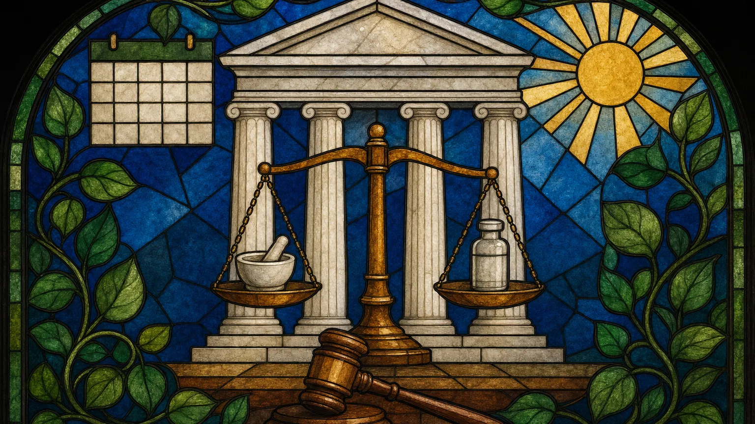 Stained-glass panel of courthouse columns, balance scales with a mortar and a vial, and a gavel.
