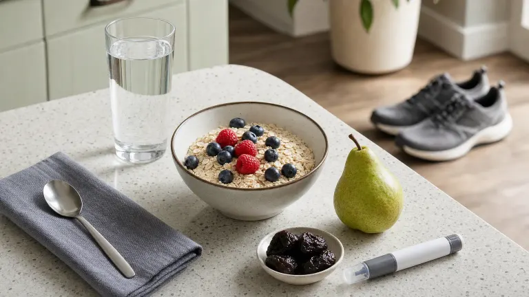 Kitchen counter with water, oats with berries, a pear, prunes, walking shoes and an injection pen.