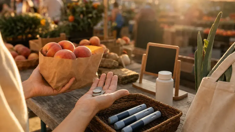 Hands holding peaches and coins beside capped pens and a pill bottle at a market stall.