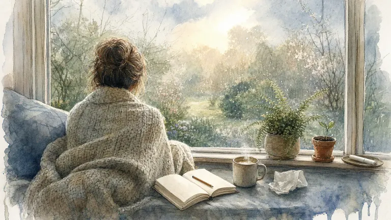 Watercolor of a person wrapped in a blanket on a window seat, looking at a misty garden at sunrise.