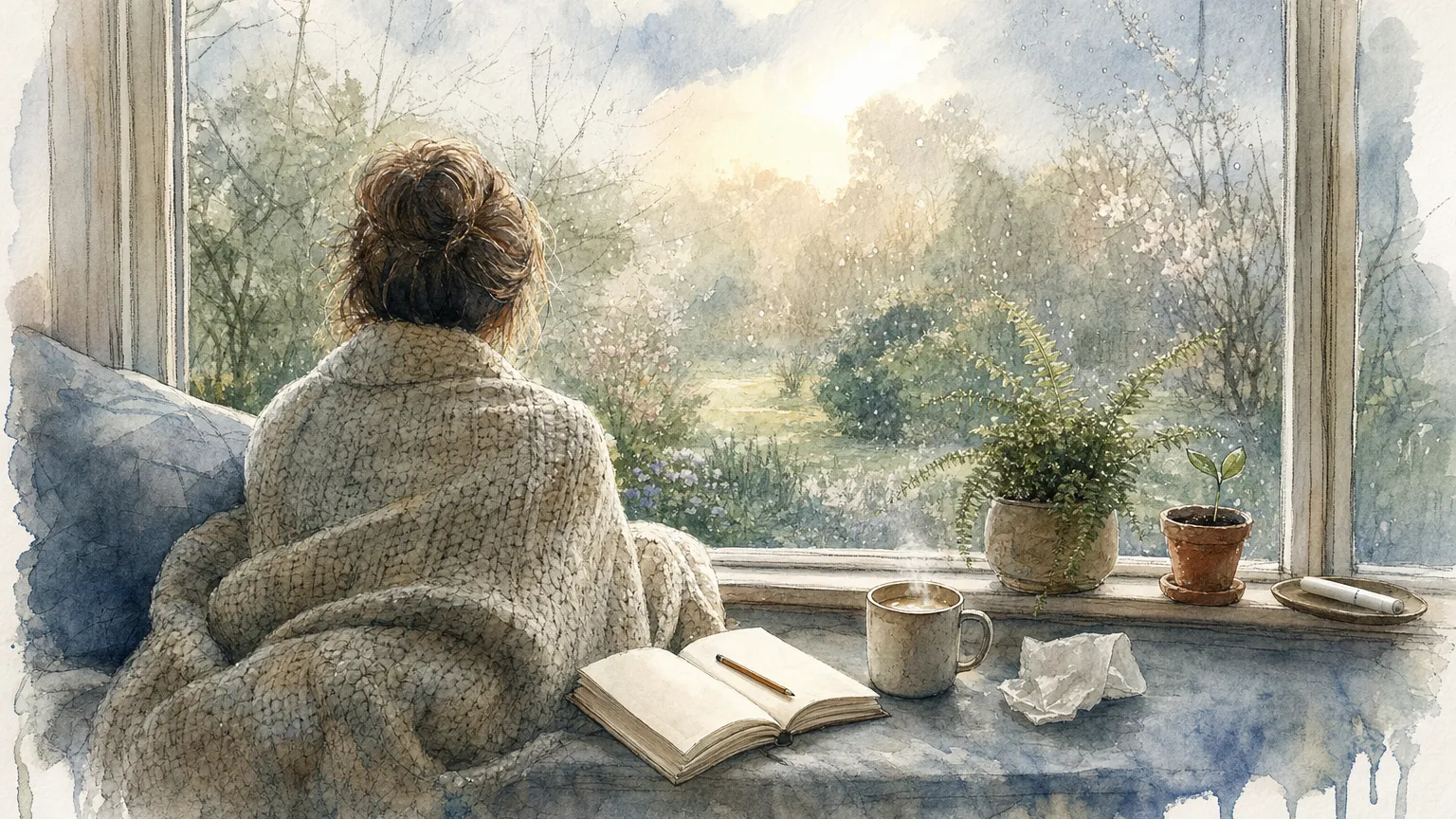 Watercolor of a person wrapped in a blanket on a window seat, looking at a misty garden at sunrise.