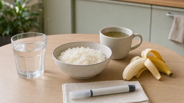 Table with water, clear broth, plain rice, a peeled banana and an injection pen on a napkin.