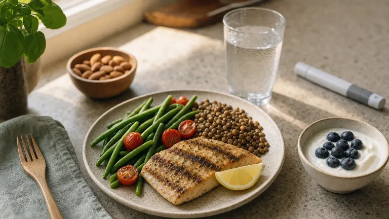 A balanced plate of fish, lentils and greens with yogurt and water on a sunlit kitchen counter