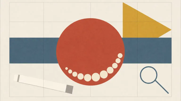Geometric poster of a red circle with small bumps, slate rectangle, mustard triangle, injection pen shape and magnifier.