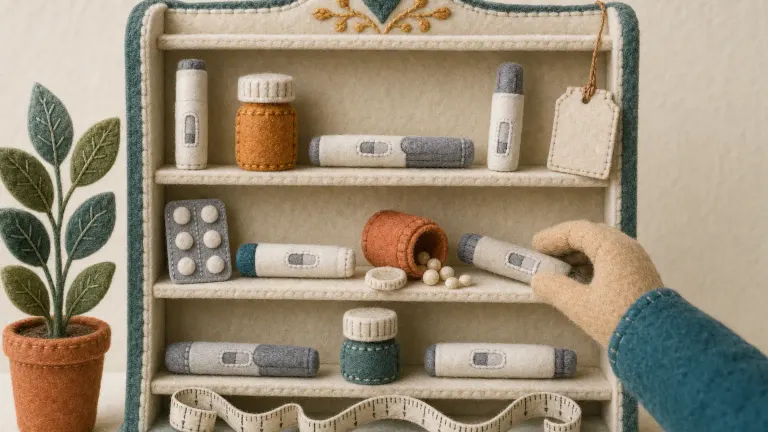 Felt diorama of a miniature pharmacy shelf holding several unbranded felt pens and pill bottles.