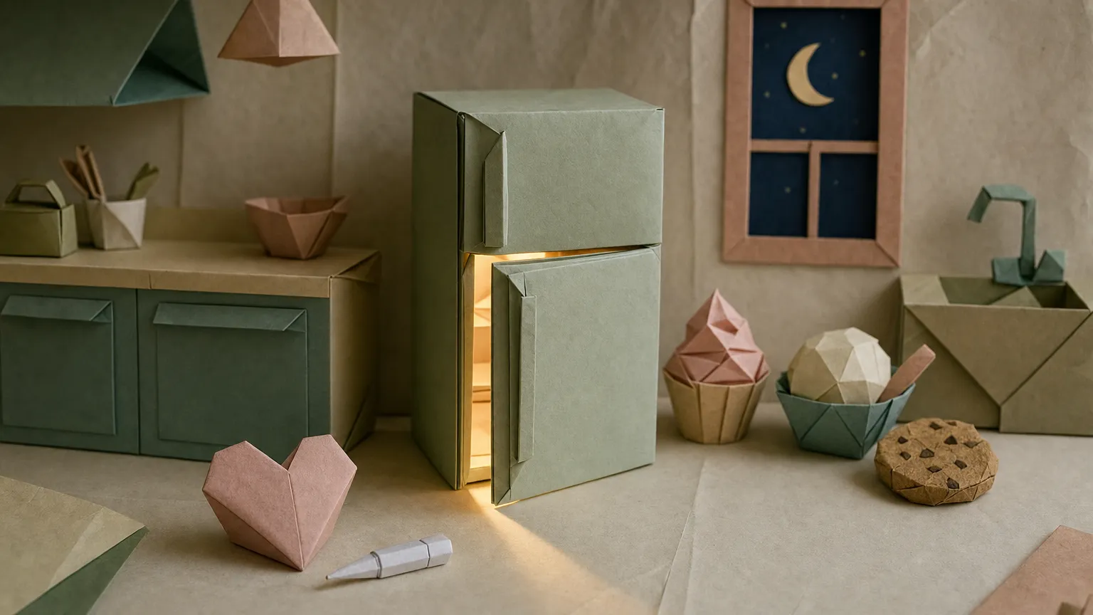 Origami kitchen at night with a paper fridge ajar, paper sweets pushed back and a folded heart beside a teacup.