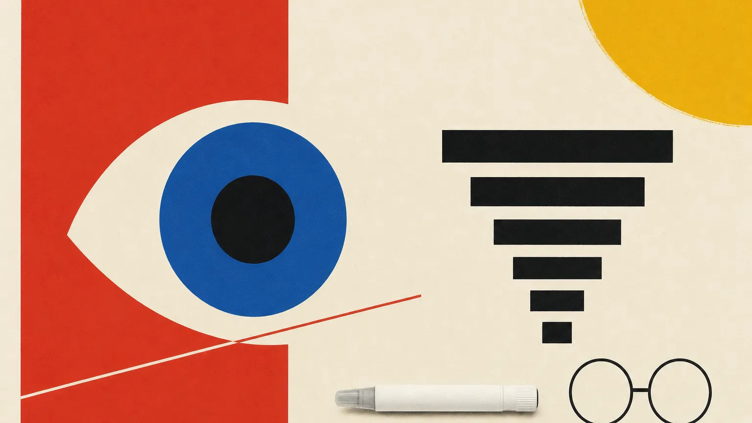 Geometric poster of a stylized eye, a bar chart shape, round glasses and a small pen on off-white.