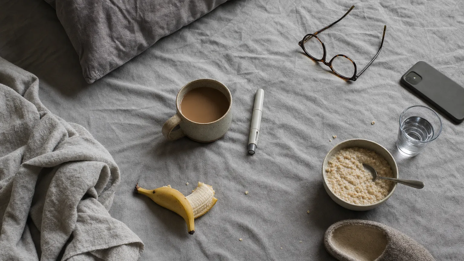 Overhead view of a rumpled bed with coffee, a capped injection pen, a face-down phone, banana and water glass.