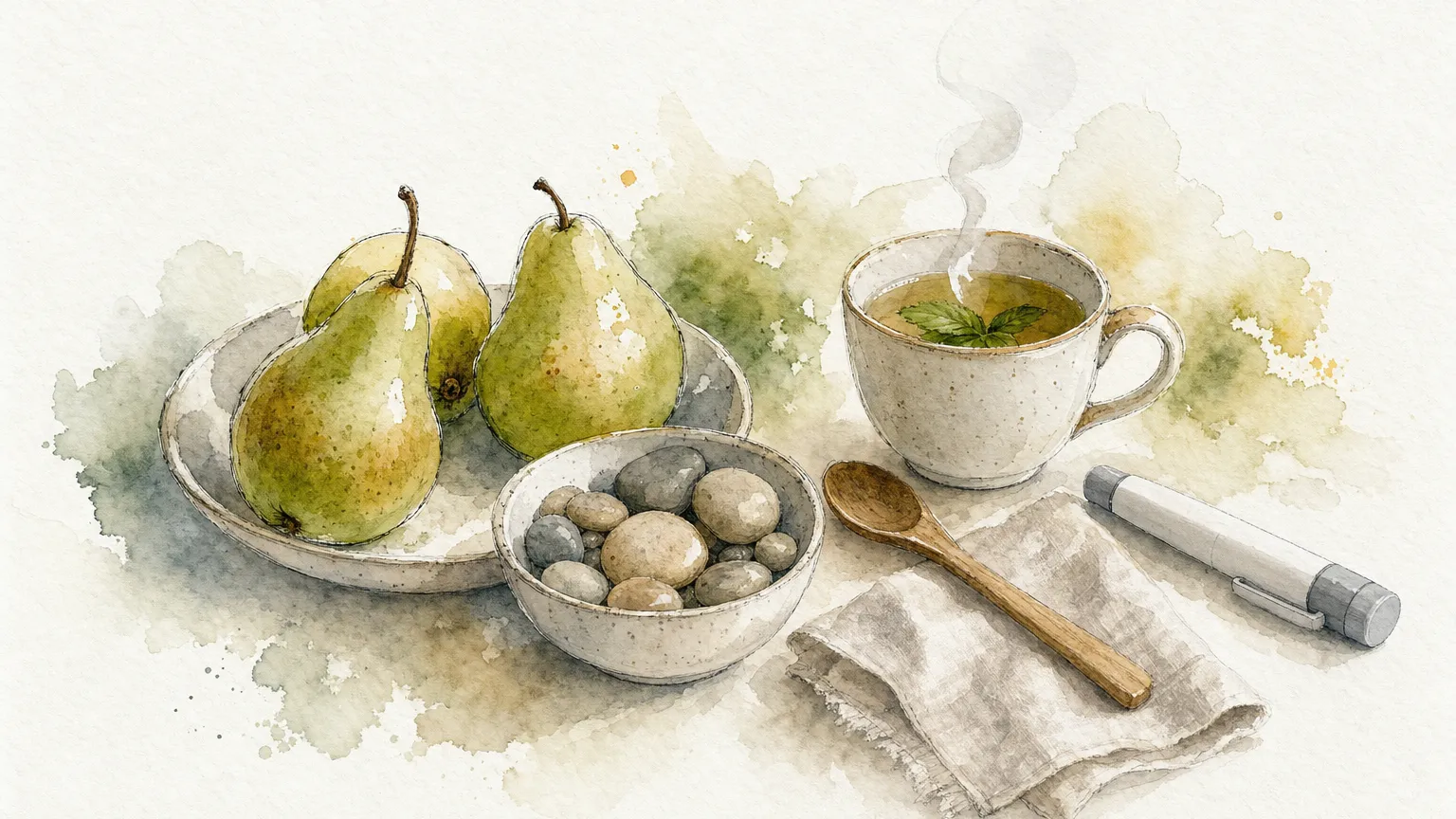 Watercolor still life of pears, smooth stones, peppermint tea and a capped injection pen on a counter